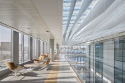 Parametric modeling was used to optimize the performance of the skylight baffles, which allow for natural light to flood the atrium and penetrate down to the ground floor while reducing glare to retain occupant comfort.