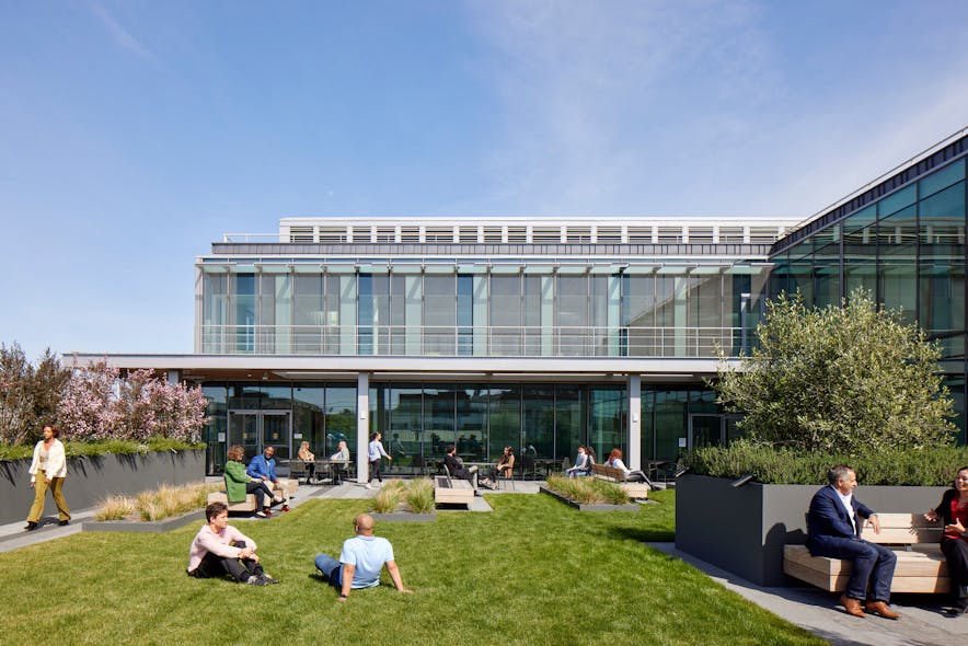 A lush rooftop garden is accessible for staff to host meetings with each other and with patients while enjoying access to fresh air and biophilia.