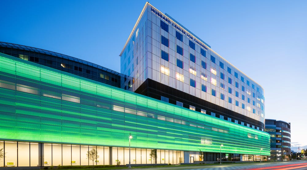 The new 10-story Hubbard Center for Children features a perforated screen with changing lights as Omaha&rsquo;s Children&rsquo;s Hospital and Medical Center&rsquo;s new entry point.