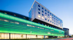 The new 10-story Hubbard Center for Children features a perforated screen with changing lights as Omaha’s Children’s Hospital and Medical Center’s new entry point.