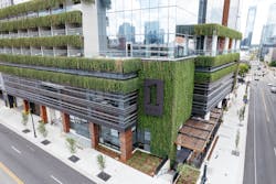 The ivy facade stands in stark contrast to the rest of the brands on the block and to its neighbor across the street, the Nashville Music City Center. The ivy facade stands in stark contrast to the rest of the brands on the block and to its neighbor across the street, the Nashville Music City Center.