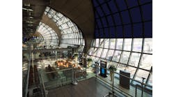 This rendering demonstrates the effect that smart glass has for large-scale facades and atriums, including reducing glare for passengers waiting in line while still providing unobstructed exterior views. This rendering demonstrates the effect that smart glass has for large-scale facades and atriums, including reducing glare for passengers waiting in line while still providing unobstructed exterior views.