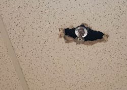 In earthquakes or other instances of extreme building movement, differential movement of ceiling grids vs. sprinkler plumbing can cause sprinkler heads to damage the tiles. In earthquakes or other instances of extreme building movement, differential movement of ceiling grids vs. sprinkler plumbing can cause sprinkler heads to damage the tiles.