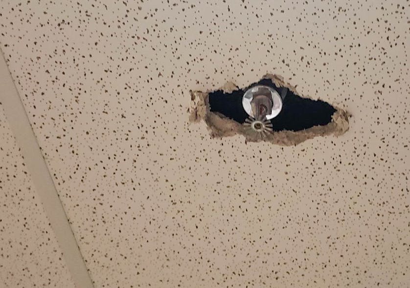 In earthquakes or other instances of extreme building movement, differential movement of ceiling grids vs. sprinkler plumbing can cause sprinkler heads to damage the tiles.