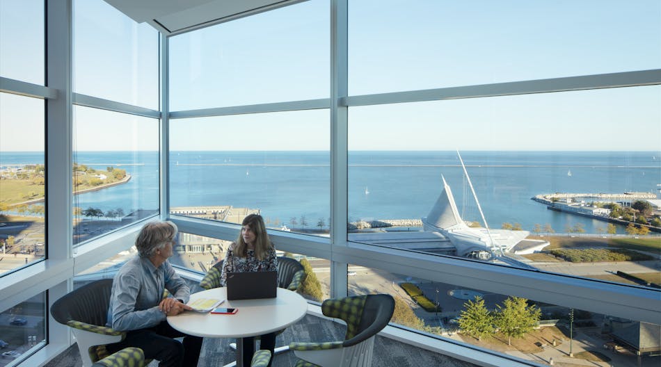 The design of the Northwestern Mutual Tower and Commons maximizes panoramic views. Making the most of the daylight you receive is an important component of mental-health-conscious workplace design, Harris said.