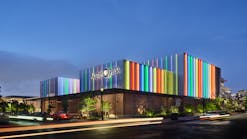 The rainbow lights on the exterior of the Austin Media Center spotlight the creative home of Austin PBS and the Austin Community College Communications Studies.