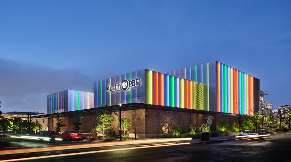 The rainbow lights on the exterior of the Austin Media Center spotlight the creative home of Austin PBS and the Austin Community College Communications Studies.