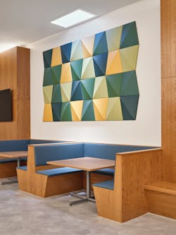 These overhead fixtures mimic skylights, an effective way to illuminate this gathering area on the subterranean side of Austin PBS. These overhead fixtures mimic skylights, an effective way to illuminate this gathering area on the subterranean side of Austin PBS.