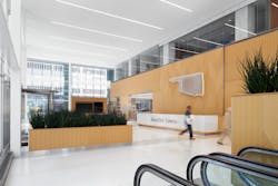 Bockus Payne's remodel of the BancFirst Tower gave it a brighter and happier look with warm woods and a variety of seating. Bockus Payne's remodel of the BancFirst Tower gave it a brighter and happier look with warm woods and a variety of seating.