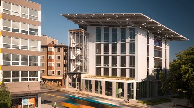 The Bullitt Center viewed from across Madison Street opened in 2013. It features integrated design built to achieve net zero water and net zero energy.