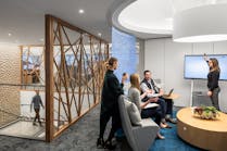 This ideation lounge was part of a workplace design project for FactSet Research Systems. For its headquarters relocation, FactSet wanted a productive work environment that would stimulate creative thinking and help attract new talent.
