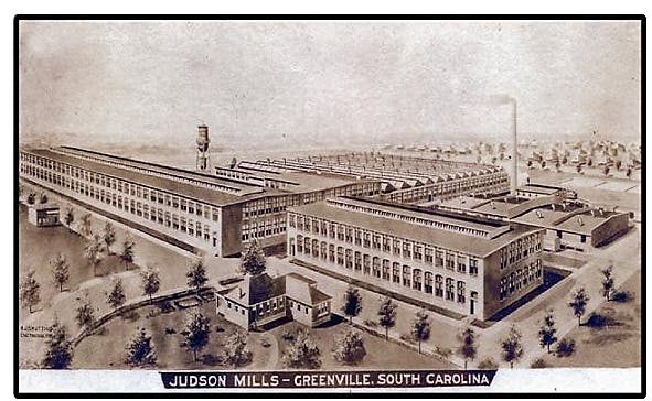 This historic postcard depicts the Judson Mill as it was originally designed. A century later, it&rsquo;s a thriving mixed-use development.