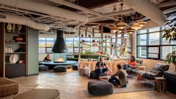 The ski lounge features warm lighting and a built-in fireplace where occupants can enjoy some rest and relaxation, while at work. The ski lounge features warm lighting and a built-in fireplace where occupants can enjoy some rest and relaxation, while at work.