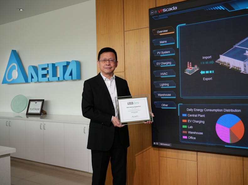 Kelvin Huang, president of Delta Electronics (Americas), displays a plaque designating the company&apos;s headquarters as achieving LEED Zero Energy certification from the USGBC.