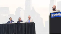 A panel at the 2023 BOMA International Conference & Expo examined the growth of smart building technology and the concept of Tech Ready Buildings. From left, panelists Steve Yapsuga, CEO of WorkForceG; Jennifer Burns, executive vice president of Monday Properties; and Dennis Mazaris, CEO of Concert Technologies; and moderator Robert Nieminen, Chief Content Director with Endeavor Business Media.