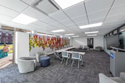 The Mesirow Learning Lab, which features a sensory art installation, is a gathering point inside Tucker Hall. It helps foster connection and study skills for students under the Pathways program, which supports individuals on the autism spectrum.