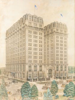 A 1922 preconstruction rendering of The Belden-Stratford building designed by Meyer Fridstein. A 1922 preconstruction rendering of The Belden-Stratford building designed by Meyer Fridstein.