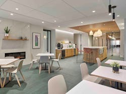 FCA was still able to increase the number of thoughtfully designed areas to accommodate differing Fox Rothschild team members’ needs and work styles, with contemplative areas for heads-down work such as this lounge space with a kitchen area and fire feature. FCA was still able to increase the number of thoughtfully designed areas to accommodate differing Fox Rothschild team members’ needs and work styles, with contemplative areas for heads-down work such as this lounge space with a kitchen area and fire feature.