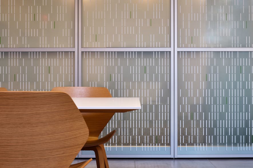 This feature wall at Innolabs is a riff on DNA fingerprinting, a standard lab technique in life sciences.