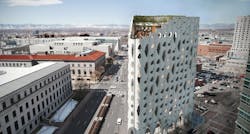 An exterior rendering of the Populus Hotel's roof reveals a green roof above a restaurant and bar. The rooftop restaurant is open to the public and offers views of the city and mountains. An exterior rendering of the Populus Hotel's roof reveals a green roof above a restaurant and bar. The rooftop restaurant is open to the public and offers views of the city and mountains.