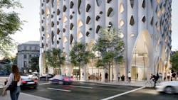 Studio Gang's rendering shows the street view of the Populus Hotel, located on the corner of Colfax Avenue and Bannock Street. The public can access street-level restaurants and a cafe. Studio Gang's rendering shows the street view of the Populus Hotel, located on the corner of Colfax Avenue and Bannock Street. The public can access street-level restaurants and a cafe.