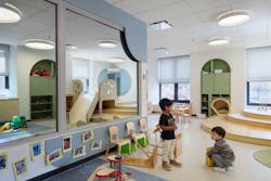 The space's design makes extensive use of wood and utilizes a nature-inspired color palette. The space's design makes extensive use of wood and utilizes a nature-inspired color palette.