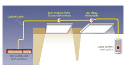 FIG. 1. In an example of a PoE lighting system, all devices are networked and powered using standard Cat5e/6 Ethernet cable. Image credit: Illustration courtesy of Igor.