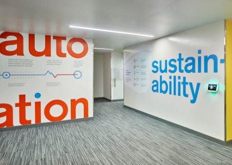 Large graphics remind occupants of United Therapeutics&rsquo; sustainability goals, as well as the eco-friendly and energy-conserving systems installed throughout Unisphere.