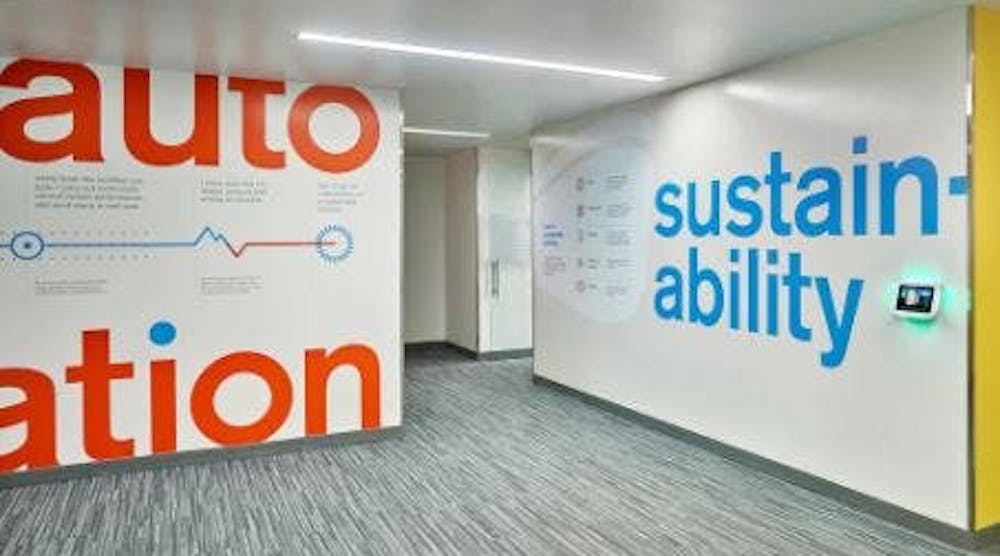 Large graphics remind occupants of United Therapeutics&rsquo; sustainability goals, as well as the eco-friendly and energy-conserving systems installed throughout Unisphere.