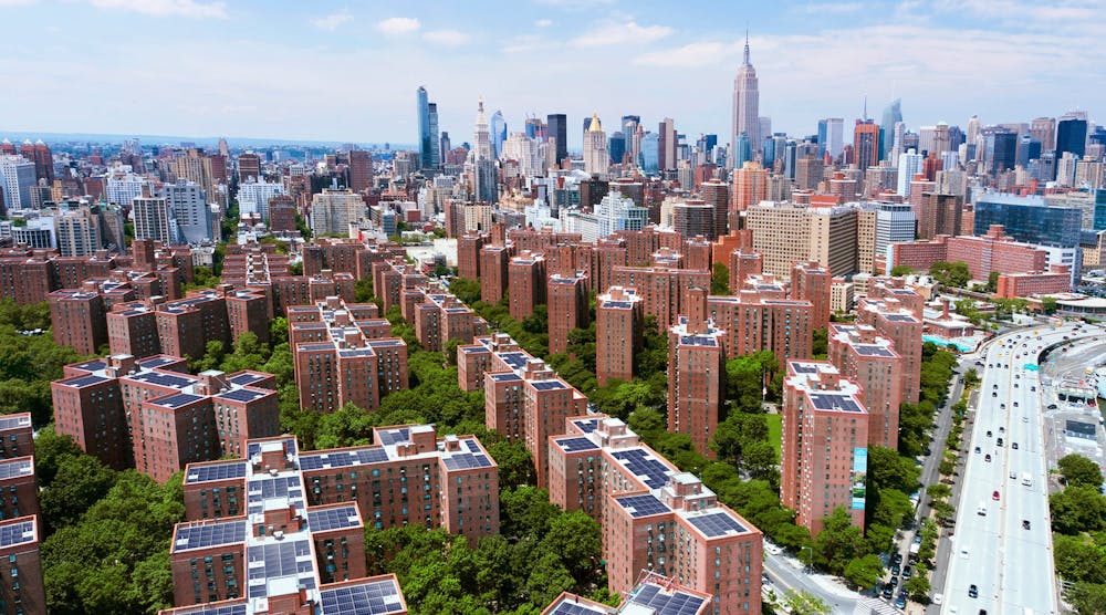 Roof-mounted solar arrays at StuyTown, in New York