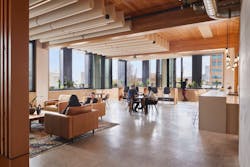 On the PAE Living Building's fifth floor, occupants enjoy a 'deckony' with gathering spaces, fresh air, expansive views out, and elements of biophilic design. On the PAE Living Building's fifth floor, occupants enjoy a 'deckony' with gathering spaces, fresh air, expansive views out, and elements of biophilic design.