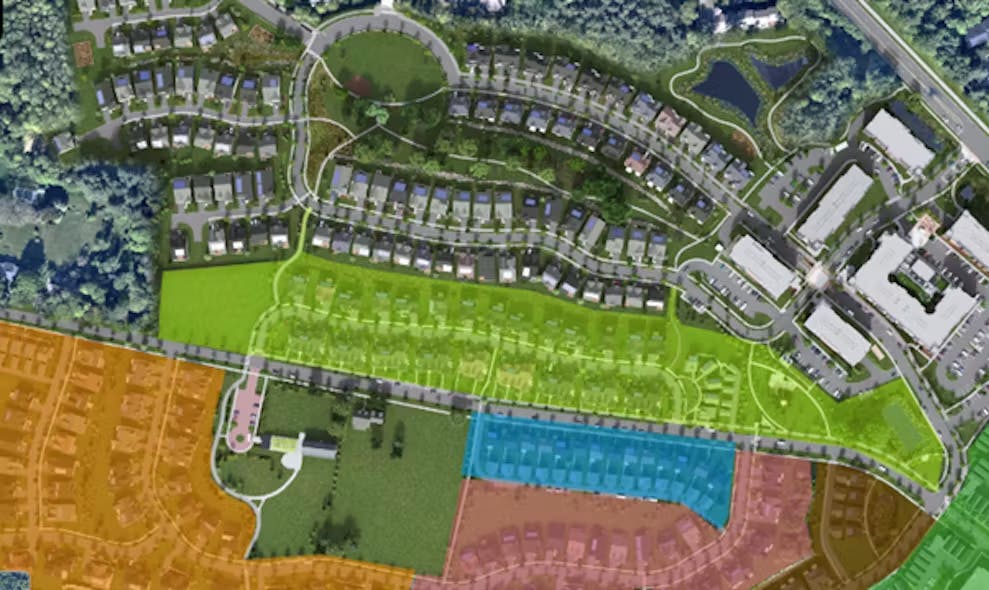 Aerial image of the all-electric and fully storm resilient neighborhood known as Hillside East in Vermont.