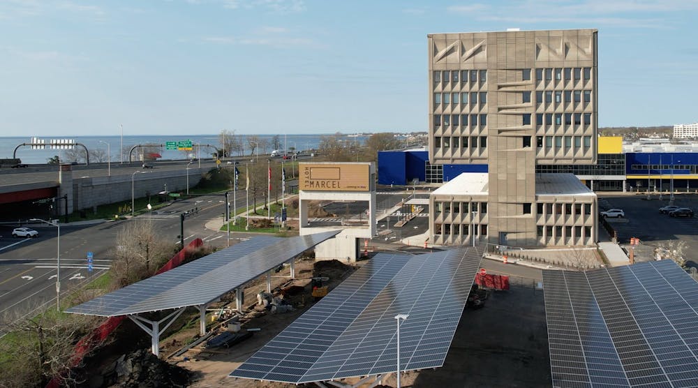 Solar panels are installed on roof of the Hotel Marcel, as well as on the adjacent parking canopies.