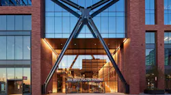 In Chicago’s Fulton Market district, 800 Fulton's high-waisted steel exoskeleton allows the offset of its elevator bank and mechanical core to the north, thus welcoming natural light from the south to permeate deep office floor plates and reduce energy use. Designed by Skidmore, Owings & Merrill.