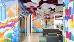 A multi-wall mural, hanging acoustic baffles and colorful, three-dimensional walls greet employees, clients and visitors at Method Architecture’s new offices in Houston. A multi-wall mural, hanging acoustic baffles and colorful, three-dimensional walls greet employees, clients and visitors at Method Architecture’s new offices in Houston.