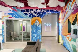 A multi-wall mural, hanging acoustic baffles and colorful, three-dimensional walls greet employees, clients and visitors at Method Architecture’s new offices in Houston. A multi-wall mural, hanging acoustic baffles and colorful, three-dimensional walls greet employees, clients and visitors at Method Architecture’s new offices in Houston.