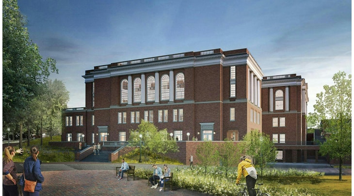 A rendering of the renovated Edgar Shannon Library exterior at the University of Virginia campus. Skanska completed the four-year project on the historic facility, making it more accessible and safer for staff and students.