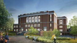 A rendering of the renovated Edgar Shannon Library exterior at the University of Virginia campus. Skanska completed the four-year project on the historic facility, making it more accessible and safer for staff and students.