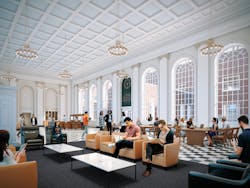 An interior rendering of the Edgar Shannon Library illustrates the restored 12-foot ceiling height and the use of natural lighting to enhance the interior spaces for students and faculty to study and work day and night.