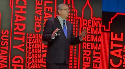 Henry Chamberlain delivers his State of the Industry address at the 2023 BOMA International Conference & Expo. Chamberlain is stepping down as BOMA International president and COO at the end of 2024, capping 39 years as a staff member of the organization.