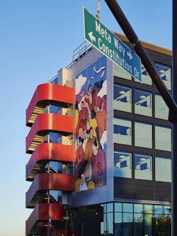 This red fire escape is transformed into a standout feature through branded colors at the citizenM Menlo Park hotel. The adjacent mural is by area artist Alexandra Bowman and represents the neighborhood&rsquo;s &ldquo;diverse community and wildlife sanctuary,&rdquo; according to her website.