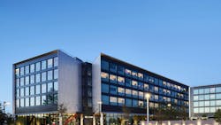 The exterior of the citizenM Menlo Park hotel is the result of modular construction and an architectural dialog with Frank Gehry designs at Meta’s nearby headquarters. The exterior of the citizenM Menlo Park hotel is the result of modular construction and an architectural dialog with Frank Gehry designs at Meta’s nearby headquarters.