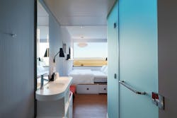 Guestrooms at the citizenM Menlo Park are 150 square feet, including one bed and a full bath. The dimensions, which are about half the size of a traditional hotel room, are based on traveler demographics and stay expectations. Their smaller footprint also frees up more space for communal amenities, including self-service ironing rooms on every floor. Guestrooms at the citizenM Menlo Park are 150 square feet, including one bed and a full bath. The dimensions, which are about half the size of a traditional hotel room, are based on traveler demographics and stay expectations. Their smaller footprint also frees up more space for communal amenities, including self-service ironing rooms on every floor.