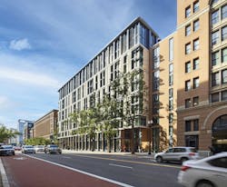 A street view of the 55 H St. NW residential building on Georgetown University’s Downtown Campus in Georgetown, Washington, D.C. A street view of the 55 H St. NW residential building on Georgetown University’s Downtown Campus in Georgetown, Washington, D.C.