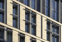 A close-up of 55 H St. NW&rsquo;s exterior facade showcases the details of the terracotta panels that building architect Robert A.M. Stern Architects took care to put together. Designed by a German designer, the terracotta panels create a thick facade while covering the dryer vents.
