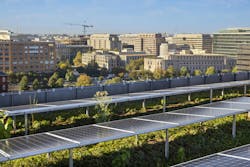 Solar panels are installed on the green roof and the front-facing side of 55 H St. NW, with a rainwater capture system to water the south green roof plants. These are visible sustainable elements on the LEED Platinum building. Solar panels are installed on the green roof and the front-facing side of 55 H St. NW, with a rainwater capture system to water the south green roof plants. These are visible sustainable elements on the LEED Platinum building.