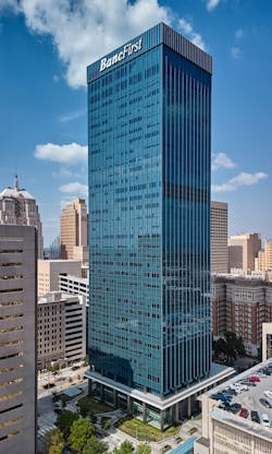 Bockus Payne replaced the bronze colored, single-pane, annealed glass that covered the entire tower with a stand-out, energy-efficient, insulated blue glazing that nods to BancFirst’s brand color. Bockus Payne replaced the bronze colored, single-pane, annealed glass that covered the entire tower with a stand-out, energy-efficient, insulated blue glazing that nods to BancFirst’s brand color.