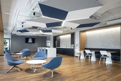 A recent project at 1750 H Street in Washington, DC, concentrated on providing flexible work areas and amenities, said Sarah Brooks, primary designer on the project and a senior associate for GTM Architects. This free-function lounge area borders a large conference room.