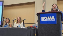 Hannah Debelius, Better Buildings program manager for the Department of Energy, leads a panel at the 2024 BOMA International Conference & Expo. Chun Yee Yip, vice president of social impact for Lendlease (left) and Michelle German, vice president of ESG for LBA Realty (center) discussed real-world strategies to decrease Scope 3 emissions. Hannah Debelius, Better Buildings program manager for the Department of Energy, leads a panel at the 2024 BOMA International Conference & Expo. Chun Yee Yip, vice president of social impact for Lendlease (left) and Michelle German, vice president of ESG for LBA Realty (center) discussed real-world strategies to decrease Scope 3 emissions.