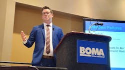 Nicholas Bequette, Ooma’s director of strategic accounts for AirDial, speaks to the crowd at a Monday afternoon session at the 2024 BOMA International Conference & Expo. Nicholas Bequette, Ooma’s director of strategic accounts for AirDial, speaks to the crowd at a Monday afternoon session at the 2024 BOMA International Conference & Expo.